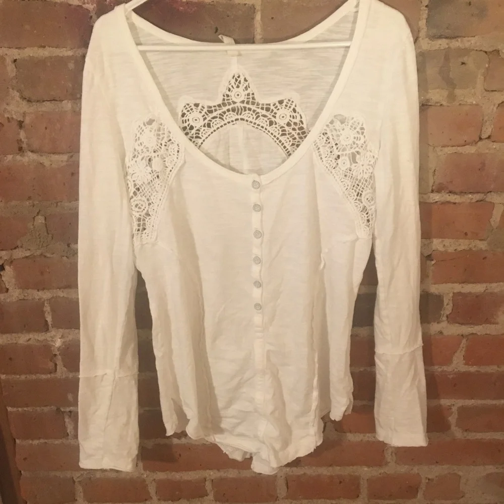 Free People White Lace-Trim Henley Long-Sleeve Top